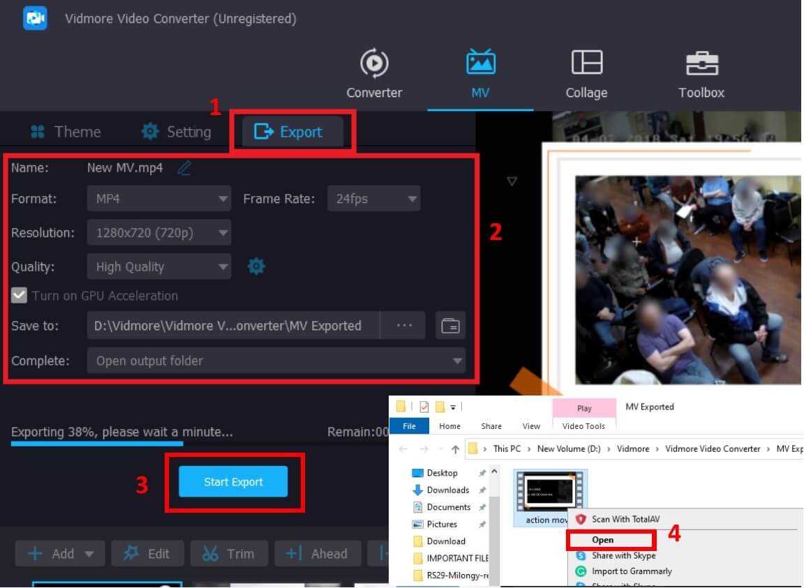 Den bearbeiteten Actionfilm exportieren