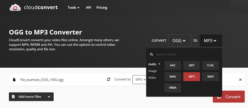 Cloud Convert Oberfläche OGG zu MP3