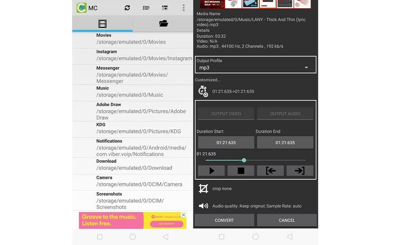 Media Converter Android Oberfläche MP3-Datei zuschneiden