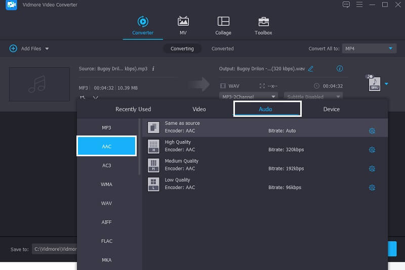 Vidmore AAC‑Format auswählen