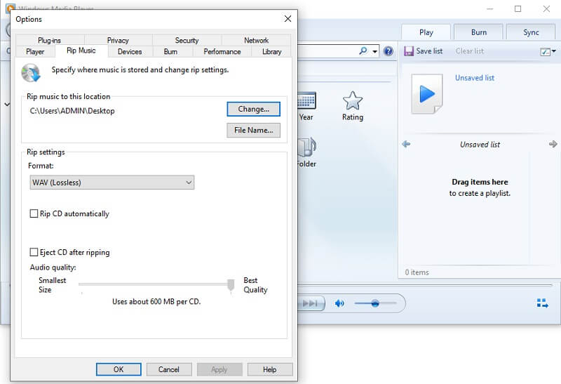 Windows Media Player Oberfläche Audio zu WAV