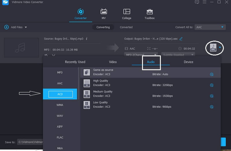 Vidmore AC3‑Format wählen