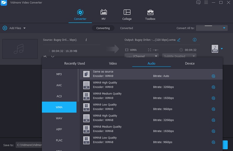 Vidmore WMA-Format wählen