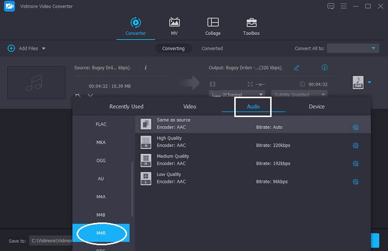 Vidmore Formate wählen