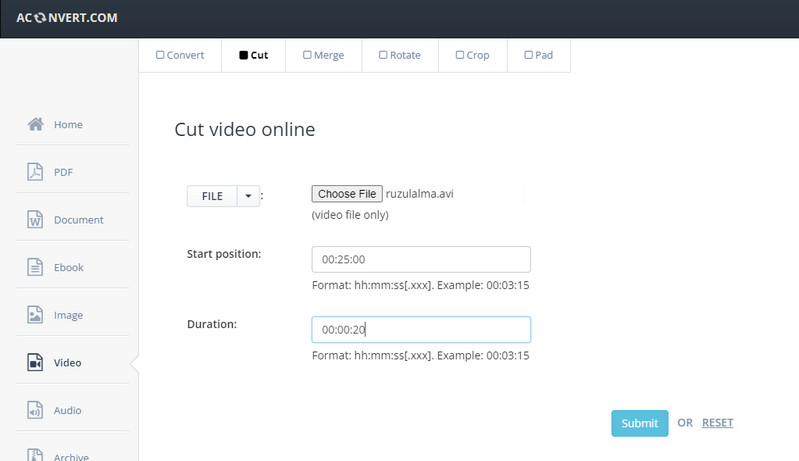 Aconvert AVI schneiden