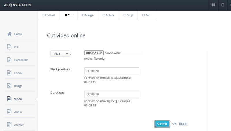 Aconvert Video Cutter Oberfläche