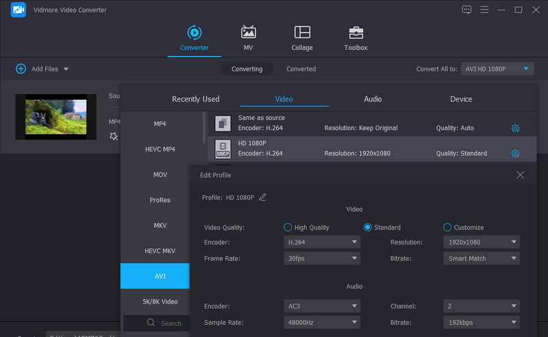 Vidmore Parameter ändern