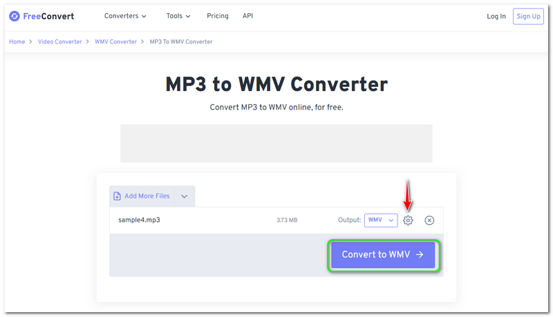 MP3 zu WMV FreeConvert In WMV konvertieren-Schaltfläche