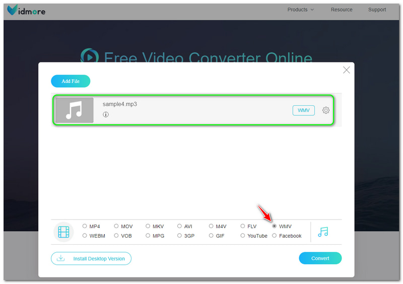 MP3 zu WMV Vidmore Kostenloser Online Video Converter WMV-Dateiformat ankreuzen