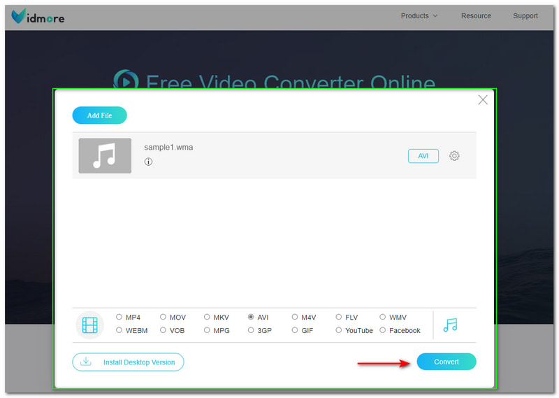 WMA zu AVI Vidmore Kostenloser Online Video Converter Konvertieren-Schaltfläche