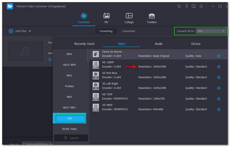 WMA zu AVI Vidmore Video Converter Alle konvertieren in-Schaltfläche