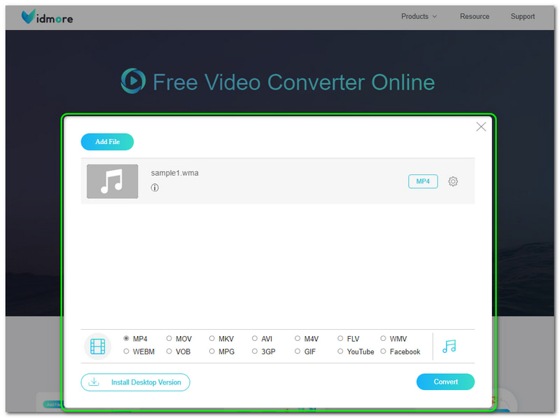 WMA zu WMV Vidmore Free Video Converter Online Conversion Panel