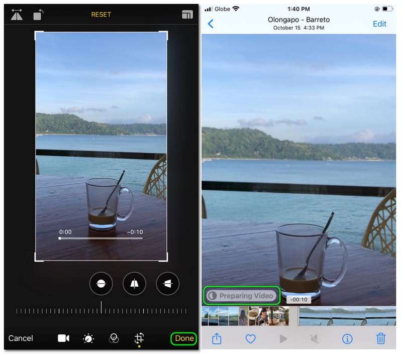 Videos auf dem iPhone zuschneiden – Schaltfläche „Fertig“