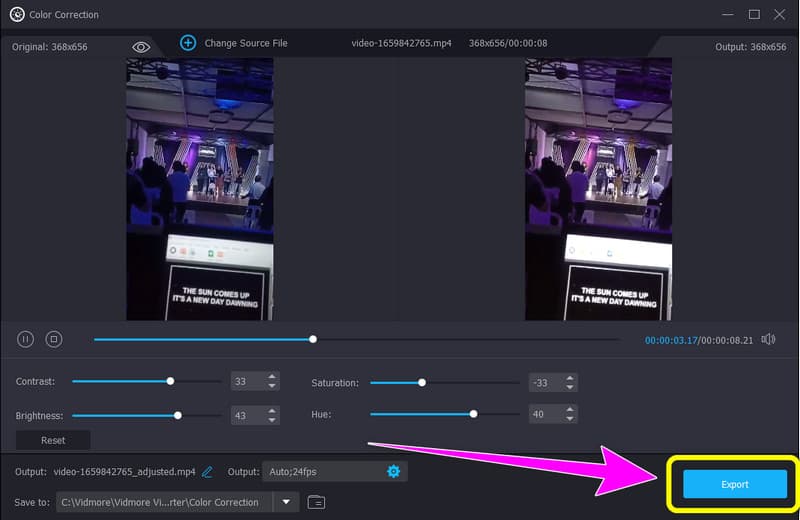 Farbe korrigiert – auf Export klicken