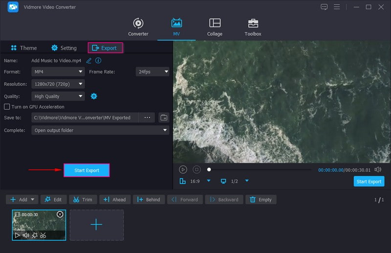 Auf „Export starten“ klicken, um Ihr Video mit Musik zu speichern