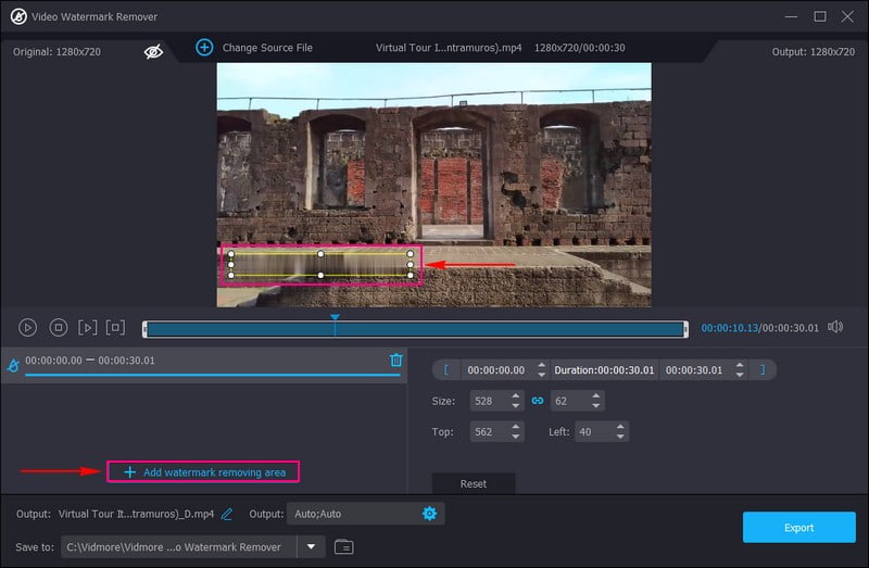 Klicken Sie auf die Schaltfläche Wasserzeichen-Entfernungsbereich hinzufügen