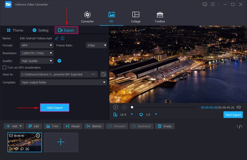 Klicken Sie auf die Schaltfläche „Export starten“