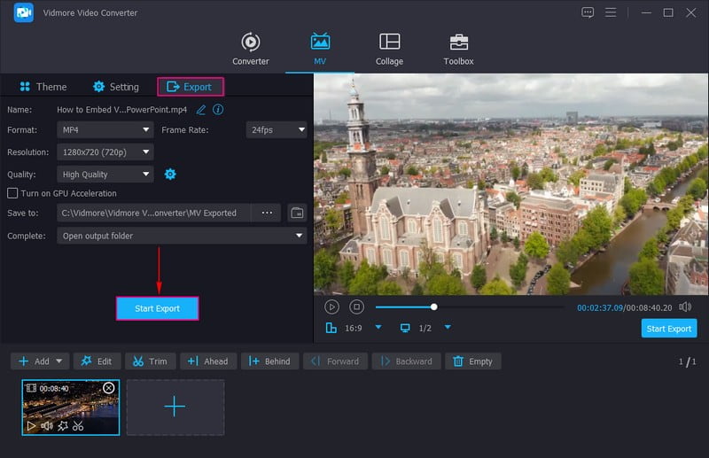 Klicken Sie auf die Schaltfläche „Export starten“
