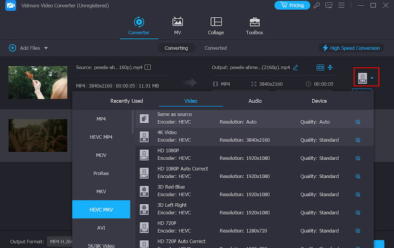 Ausgabeformat auswählen