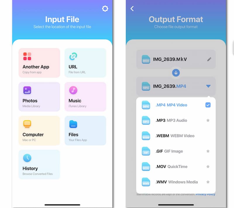 Die mobile Benutzeroberfläche des Video Converters