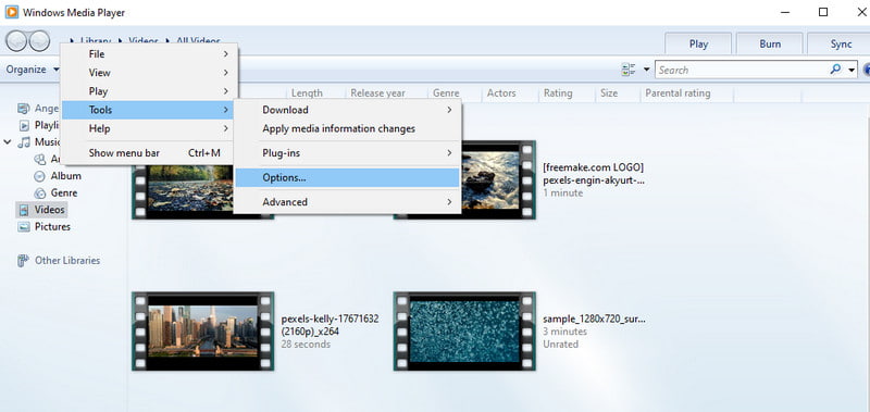 Tools, dann Optionen