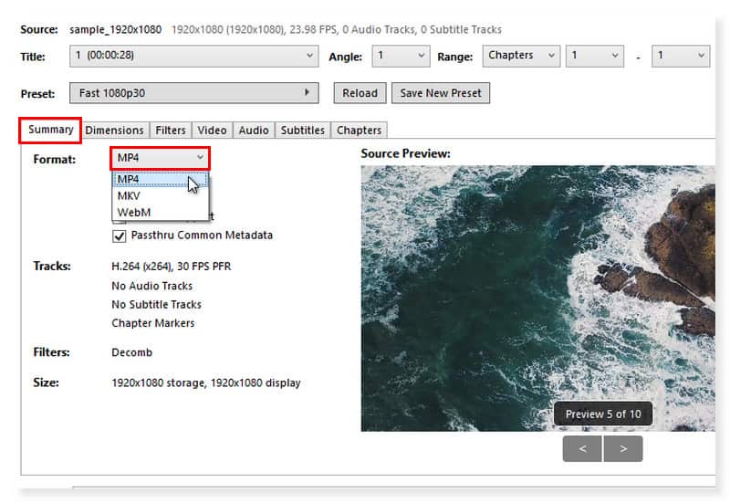 Handbrake Ausgabeformat wählen