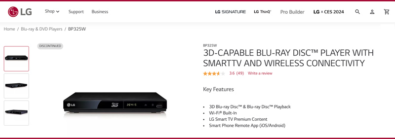 Regionsfreier Blu-ray-DVD-Player LG BP325W