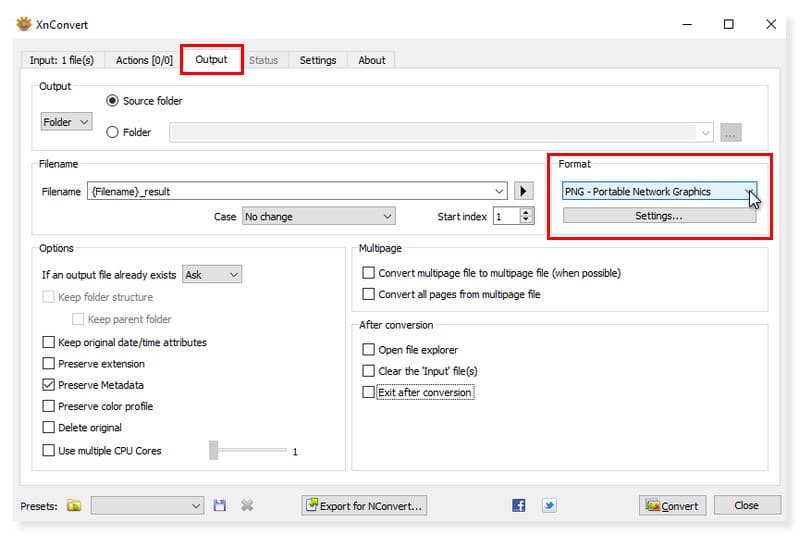 XConvert SVG-zu-PNG Ausgabeformat wählen