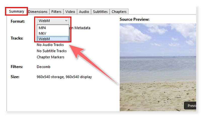 HandBrake WEBM-Ausgabeformat wählen