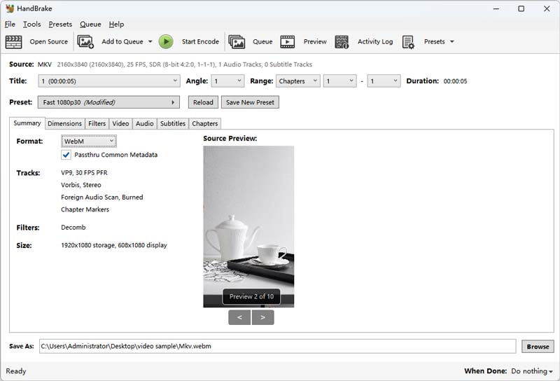 MKV zu WebM mit HandBrake
