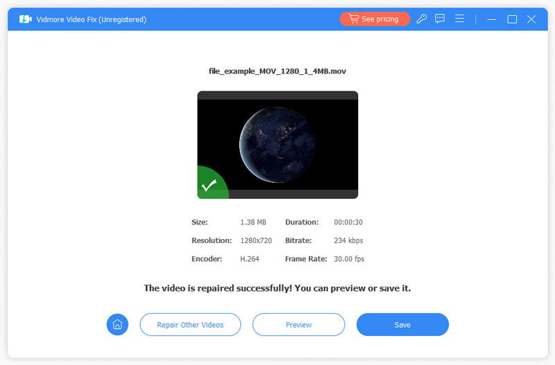 Repariertes Video speichern