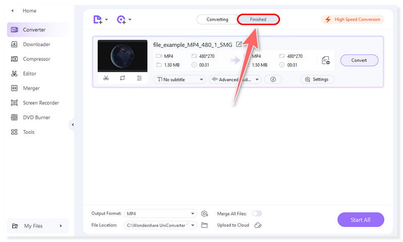 Wondershare Registerkarte „Fertiggestellte Videos“ überprüfen