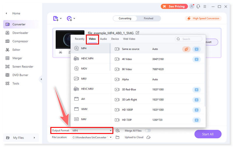 Wondershare Ausgabeformat auswählen