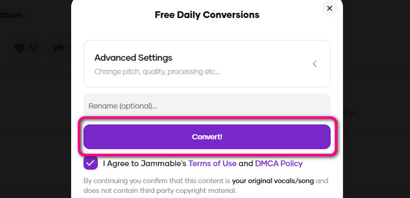Auf „Convert“ klicken, um zu erzeugen