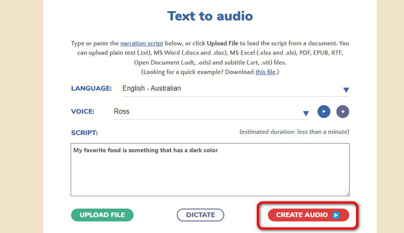 Auf „Create Audio“ klicken