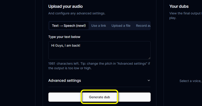 Auf die Schaltfläche „Generate Dub“ klicken
