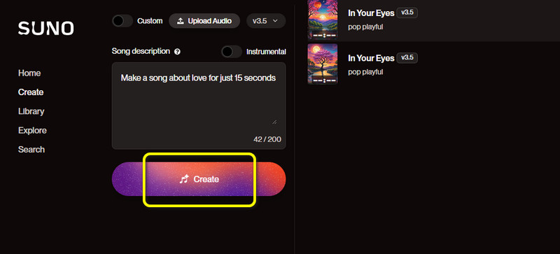 Auf „Create“ klicken, um den Vorgang zu starten