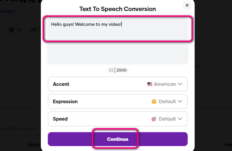 Text einfügen und auf „Continue“ klicken