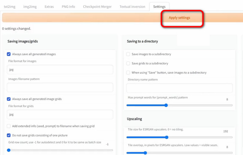 Einstellungen speichern – Schaltfläche „Apply“