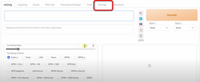 Einstellungsoberfläche oben
