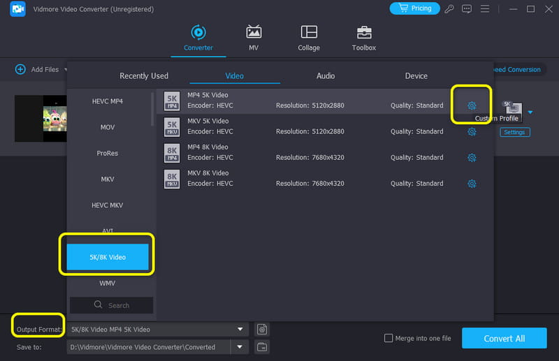 Abschnitt Ausgabeformat Zahnrad-Symbol