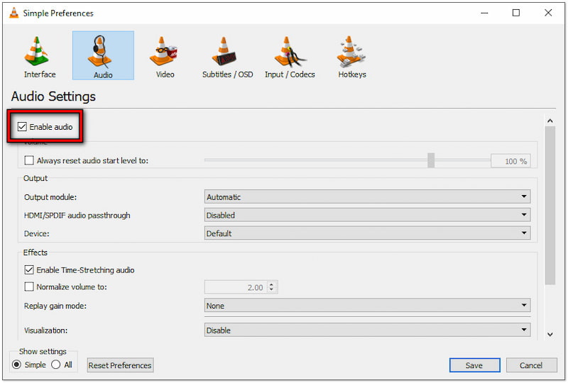 Audio in VLC einschalten