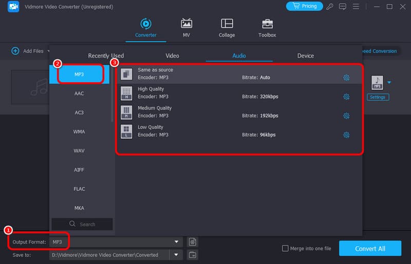 Ausgabeformat MP3 auswählen Vidmore