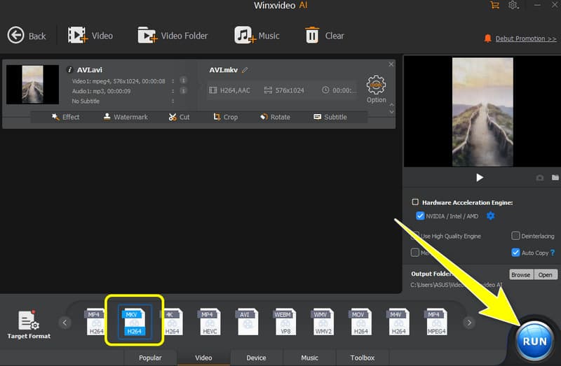 Zielformat wählen und RUN klicken WinXDVD