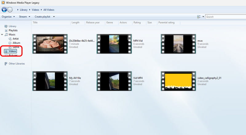 Videobereich Windows Media Player