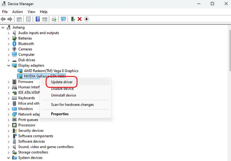 Schaltfläche „Treiber aktualisieren“ im Anzeigeadapter