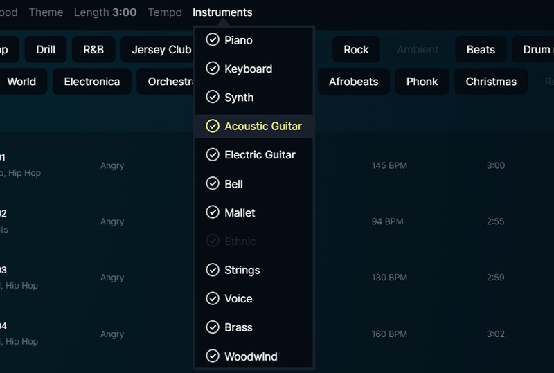 Funktion für Genre und Instrumente