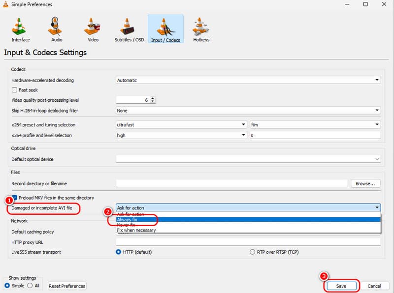 MOV-Datei reparieren – Eingabe-Codec-Funktionen in VLC