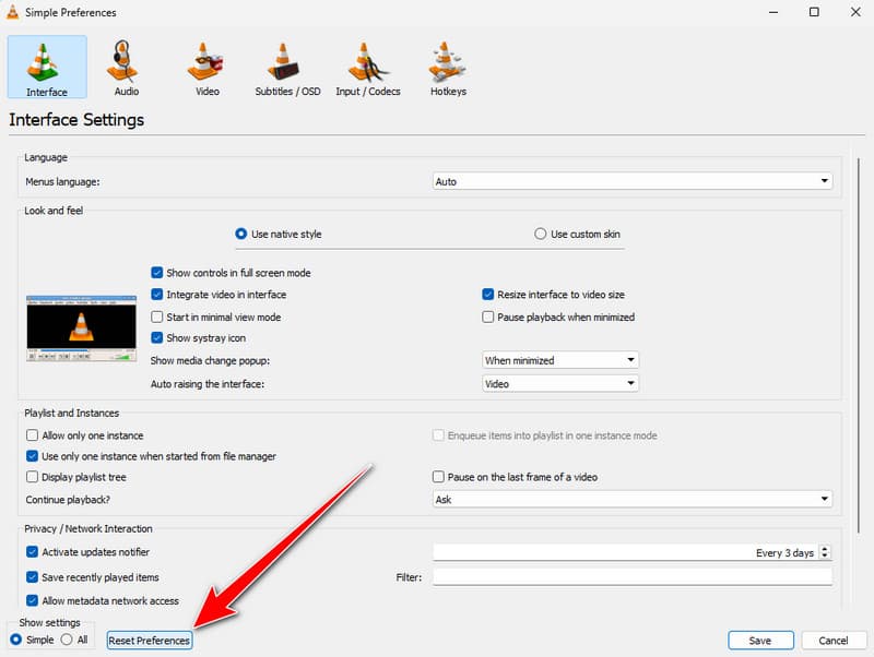 VLC-Einstellungen zurücksetzen