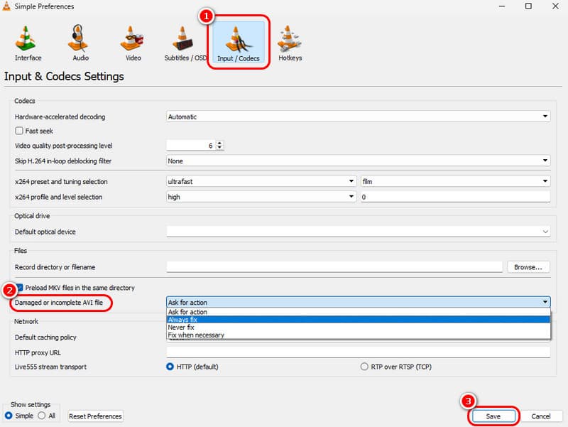 VLC-Reparaturfunktion